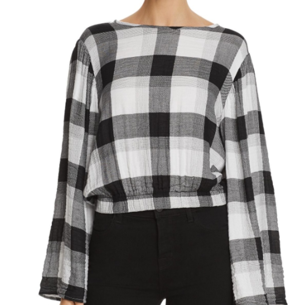Bella Dahl Bell Sleeve Plaid Cropped Top